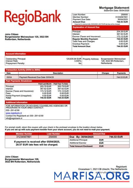 Blank Netherlands Regiobank mortgage statement Word and PDF template